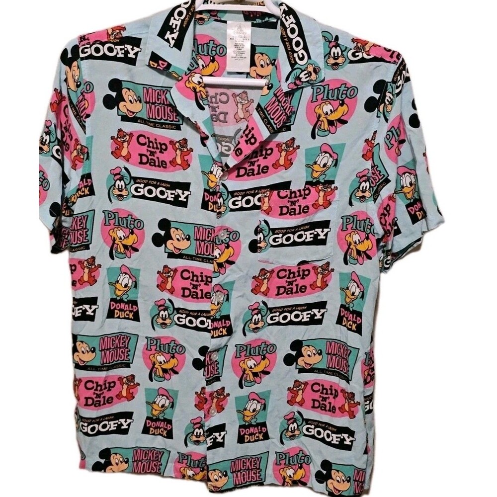 Disney Mens Sz‎ L Mickey Mouse Goofy Pluto Donald Duck Camp Shirt Blue Hawaiian